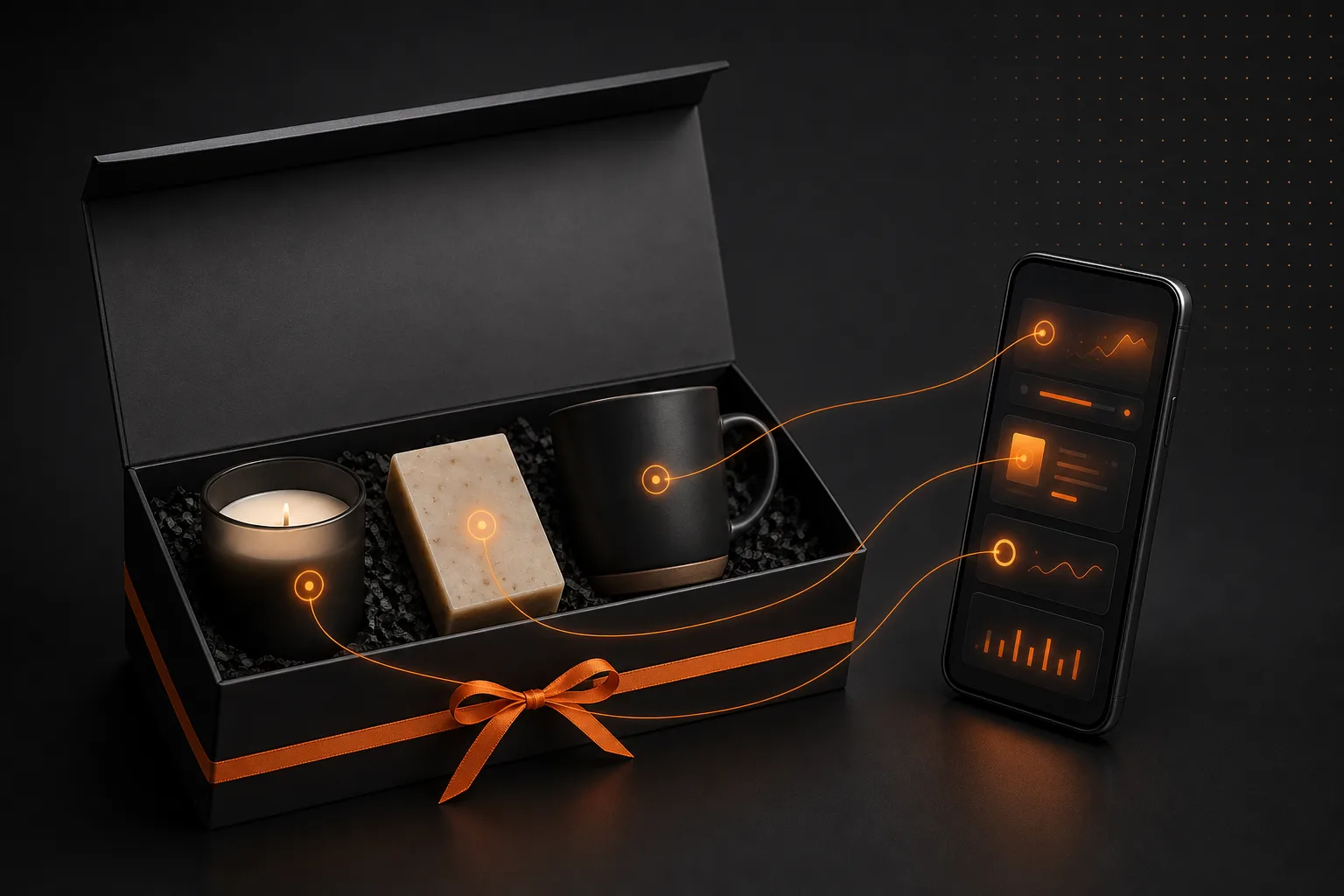 Caixa de presente aberta com vela, sabonete e caneca, ao lado de um celular com interface laranja