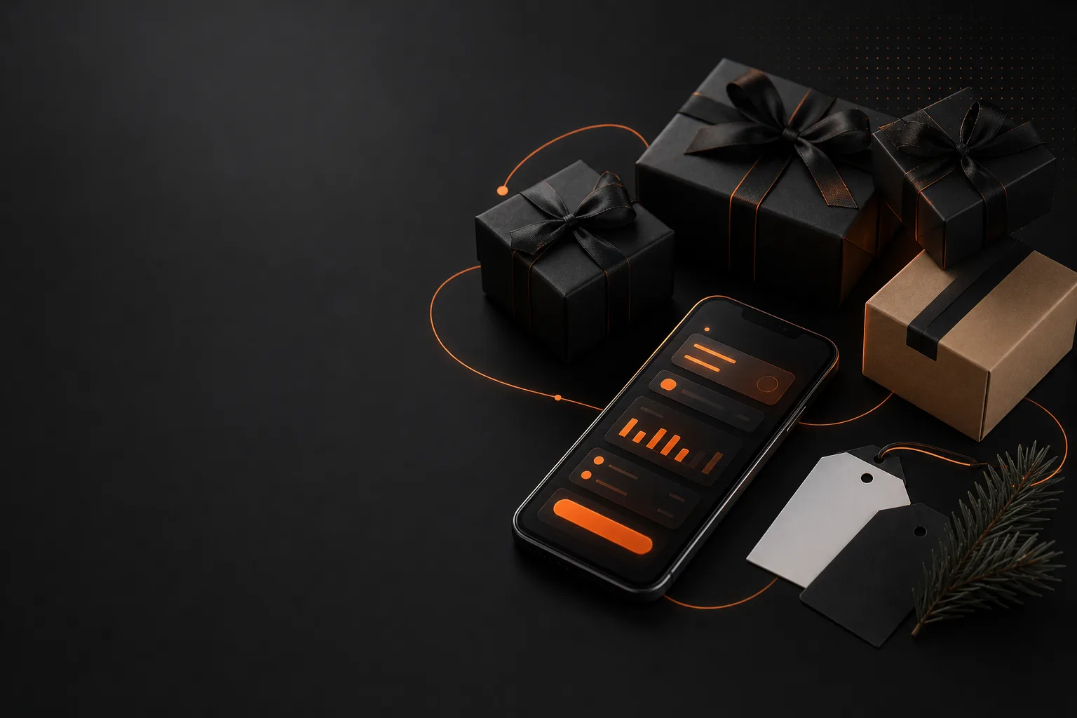Caixas de presente pretas com laço, caixa de papelão kraft, etiquetas em branco e um ramo de pinheiro ao lado de um celular com interface laranja