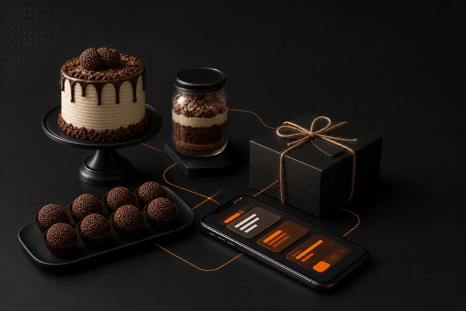 Bolo confeitado, pote de sobremesa, brigadeiros e caixa de presente ao lado de um celular com interface laranja